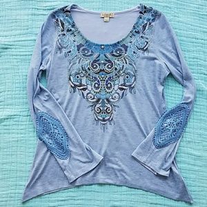 One World Blue Shark Bite Top with Lace Elbows